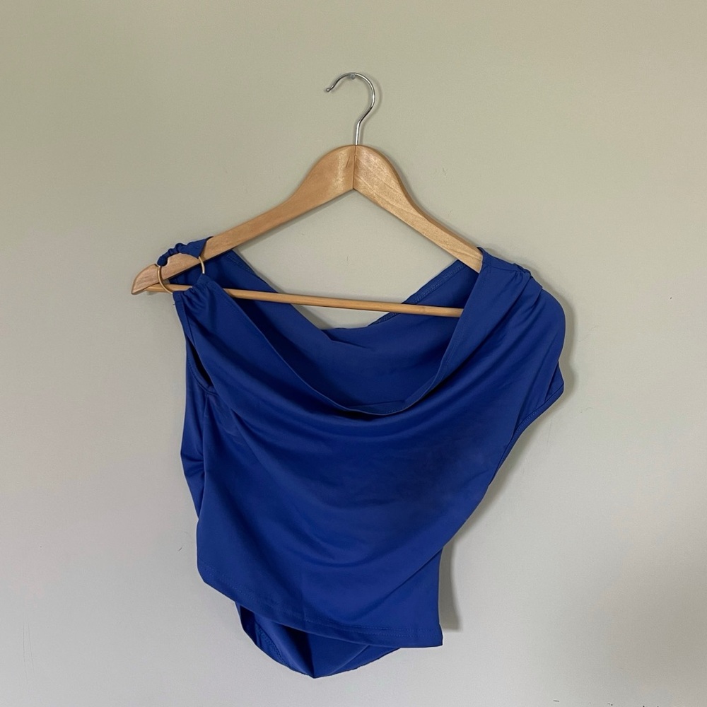 Goddess Royal Blue Draped Top | Gold Accent | Trendy | Upscale | Asymmetrical